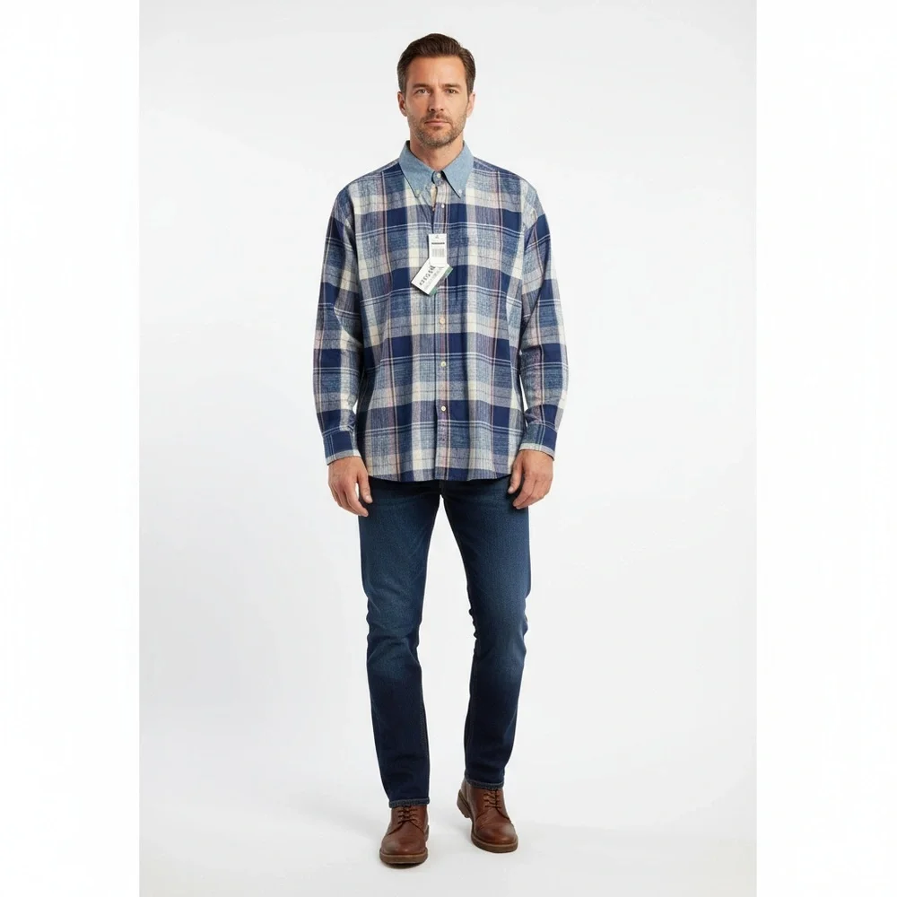 NWT Alexander Julian Mens Blue Plaid Button-Down Shirt Long Sleeve Vintage - Picture 4 of 8